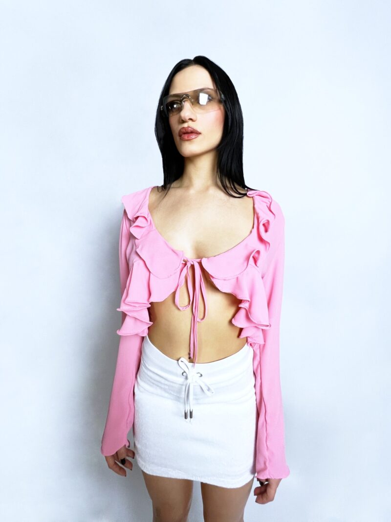 Front Tie Frill Shirt- Sheer Pink - Image 2